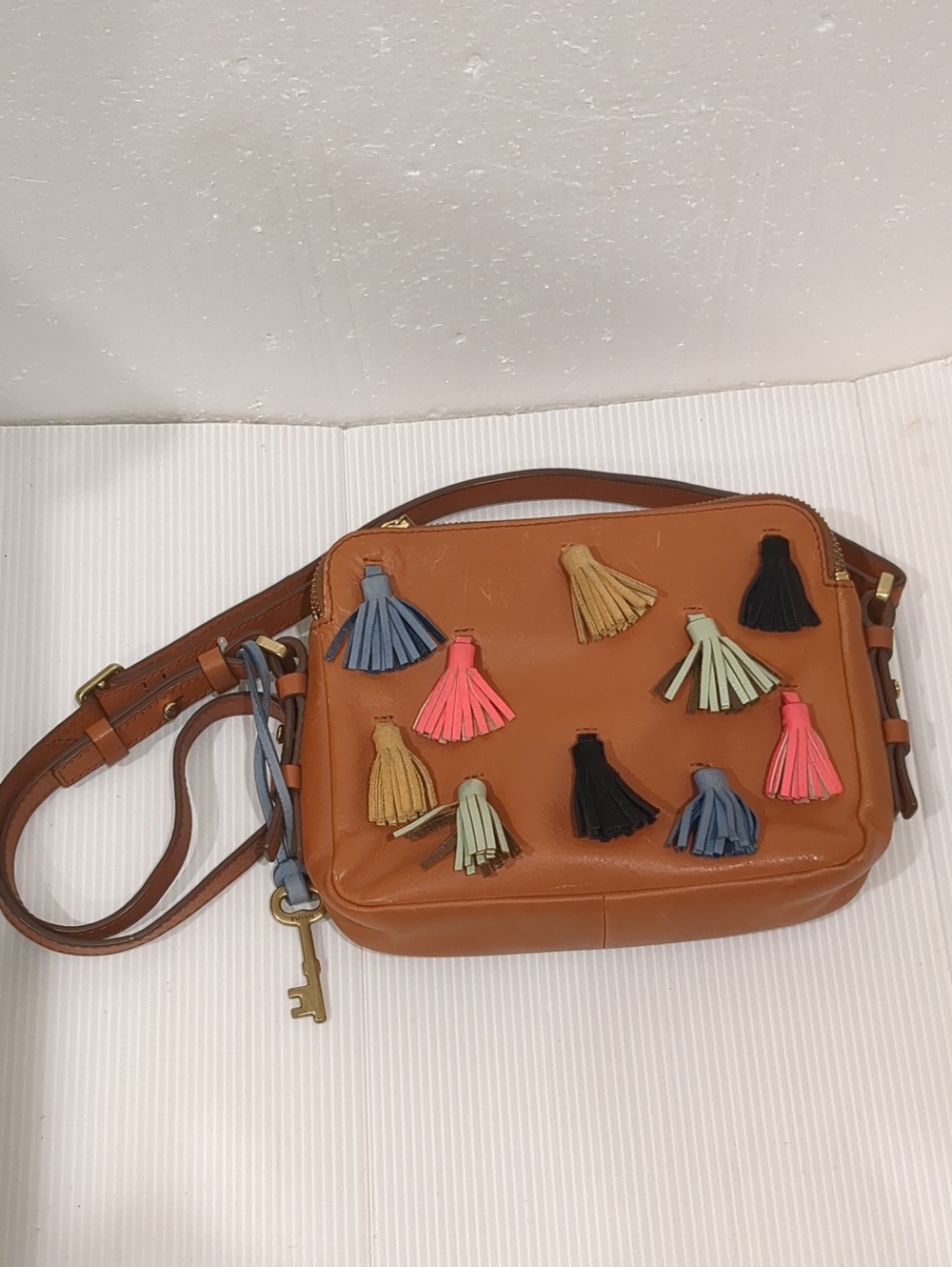 Fossil Tassel Tan Leather Crossbody Bag
